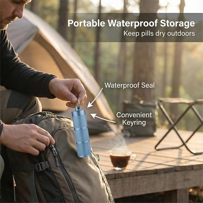 Waterproof Keychain Pill Holder - Compact, Portable, and Secure Pill Box with 3 Compartments - Pocket-Sized Pill Case and Container for Daily Medication on The Go, Blue