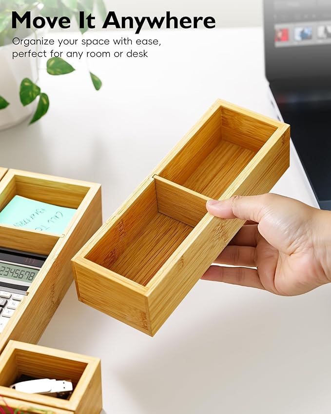 12-Piece Bamboo Desk Drawer Organizer Tray – Adjustable Storage Boxes with 24 Adjustable Compartments for Office Drawer, Jewelry, Vanity & Desk Accessories