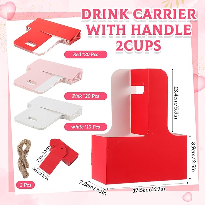 MotiMind 50 Pack Mother's Day 2 Cup Drink Carrier with Handle, Kraft Paperboard Teacher Cup Holder Portable for Hot Cold Drinks, Coffee Carrier Gift with Heart Card Rope (White,Pink)