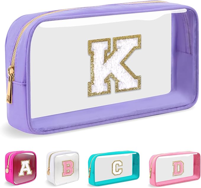 Small Clear Personalized Initial Makeup Bag,Nylon Preppy A-Z Chenille Letter Patch Cosmetic Pouch Beach Toiletry Bag,Waterproof Zip Travel Purse Storage Bag Organizer for Women Girls(Purple-White K)