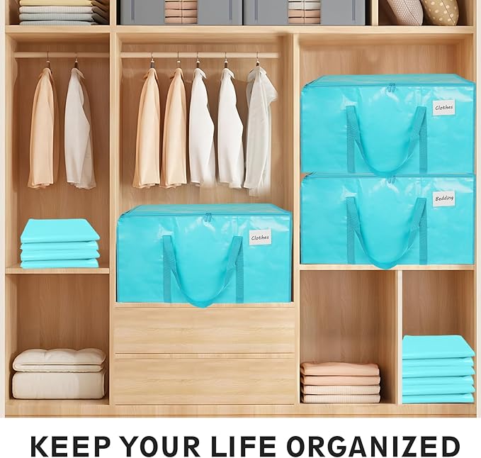 4 Pack-Extra Large Heavy Duty Moving Bags - Waterproof Storage Totes with Handles & Zippers, Foldable for College Dorm, Storage (lake blue)