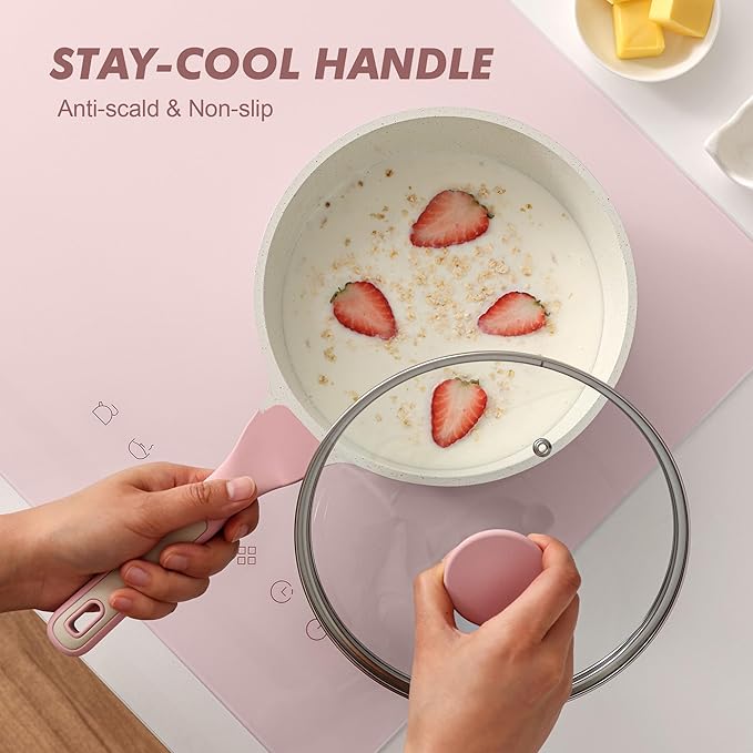 SENSARTE Ceramic Nonstick Saucepan with Lid 2.0 Quarts, Small Kitchen Cooking Pot with Stay Cool Handle, Induction Compatible, Ceramic Coating, Free of Intentionally Added PTFE/PFOA/PFAS, Sakura Pink