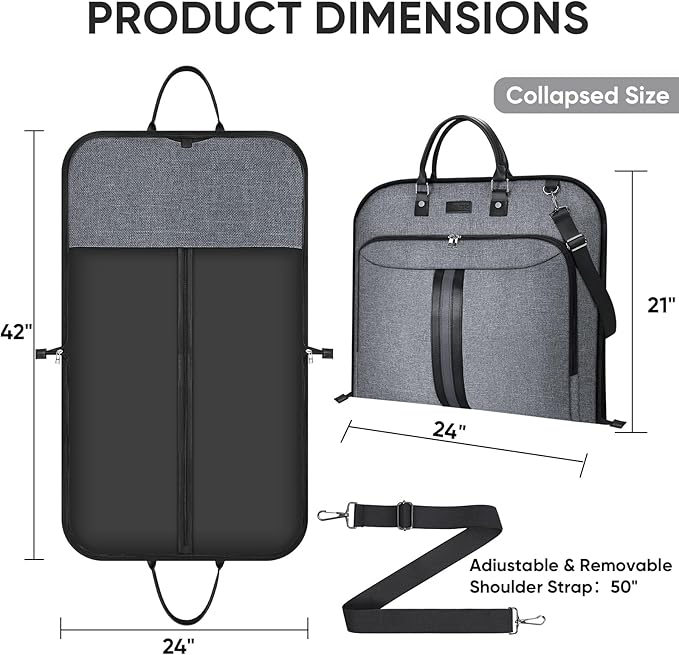 BALEINE Travel Garment Bag, Travel Suit Bag for Men, 42'' Waterproof Carry on Garment Bags for Hanging Clothes, Garment Duffel Bag for Travel Business (Grey)