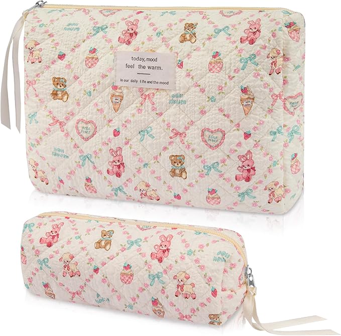 2PC Makeup Bag Set, Cute Cosmetic Bag for Women Girls, Floral Coquette Aesthetic Toiletry Bag, Travel Make Up Organizer Bag (Care Bear)