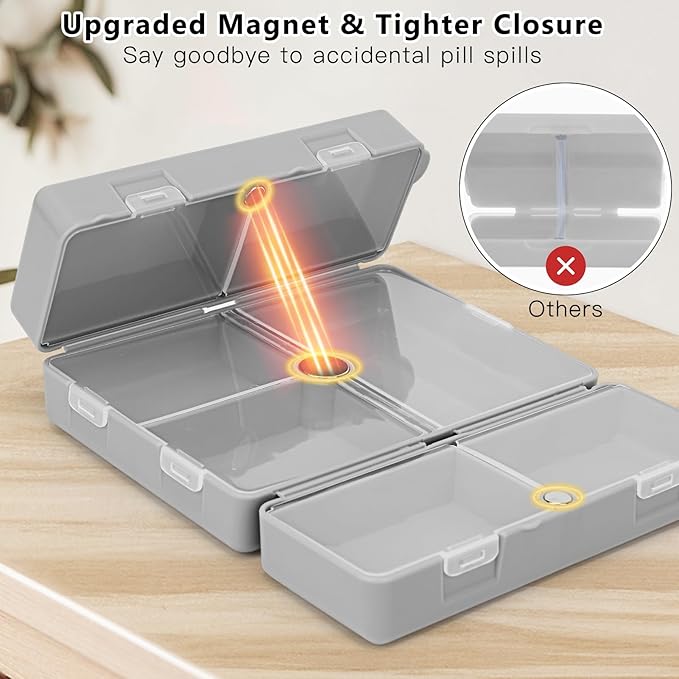 FYY 2 Pcs Daily Pill Organizer, 7 Compartments Portable Pill Case Travel Pill Organizer,[Folding Design] Pill Box for Purse Pocket to Hold Vitamins,Cod Liver Oil,Supplements and Medication-Grey