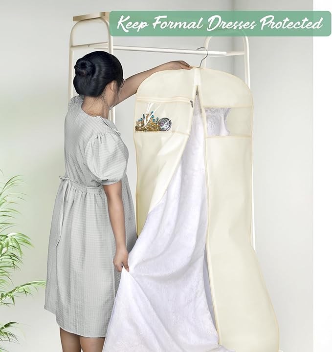 MISSLO 70" Bridal Wedding Gown Dress Garment Bag with Accessories Pouch Large Travel Garment Cover 8" Gusset (Beige)