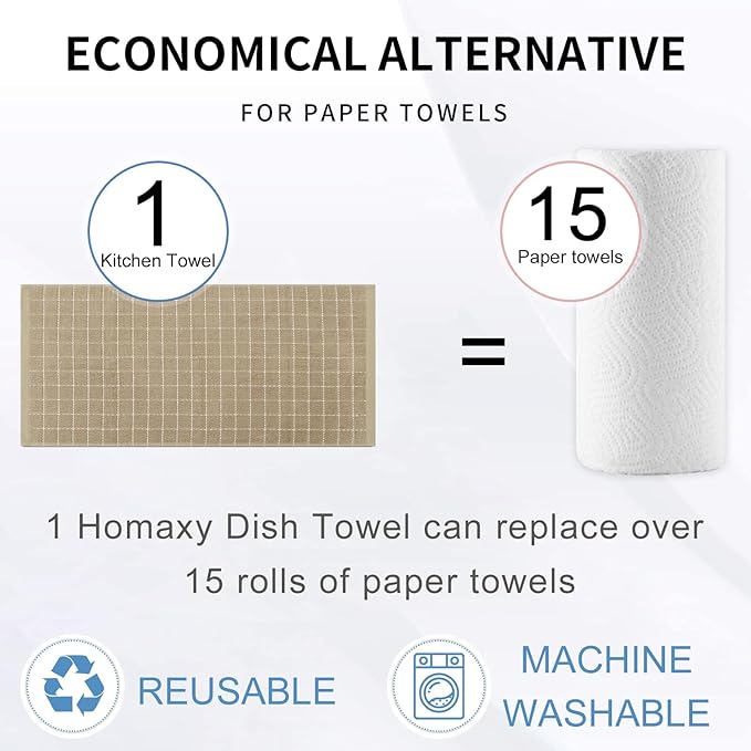 Homaxy 100% Cotton Terry Kitchen Towels(Tan, 13 x 28 inches), Checkered Designed, Soft and Super Absorbent Dish Towels, 6 Pack