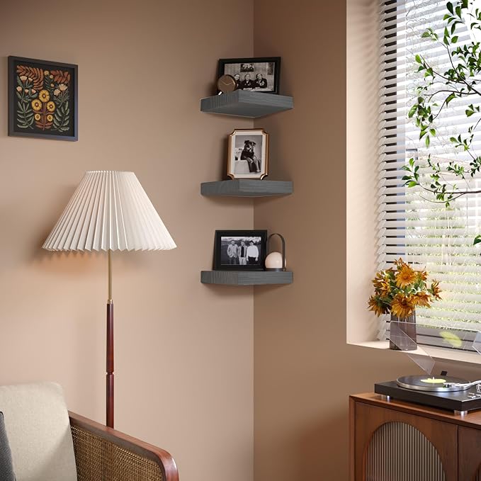 Small Floating Shelves for Wall - 12 x 9 Inch Grey Shelves for Bedroom, Living Room, Bathroom, Kitchen, Office Decor Set of 3
