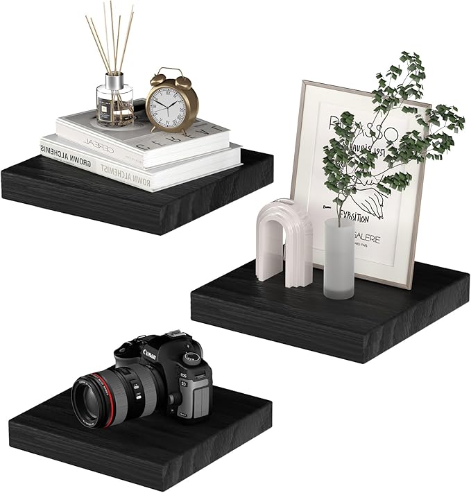 Small Floating Shelves for Wall - 9 Inch Square Black Shelves for Bedroom, Living Room, Bathroom, Kitchen, Office Decor Set of 3