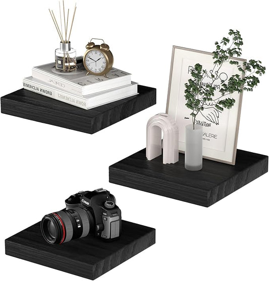 Small Floating Shelves for Wall - 9 Inch Square Black Shelves for Bedroom, Living Room, Bathroom, Kitchen, Office Decor Set of 3