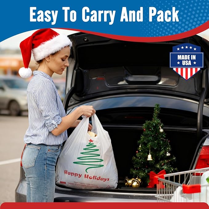 Fuxury 1000 Count - Happy Holiday Plastic T-shirt Bags with Handles (11.5" x 6.5" x 21"), Grocery, Take Out, To Go, Retail Shopping Bags in Bulk for Small Business