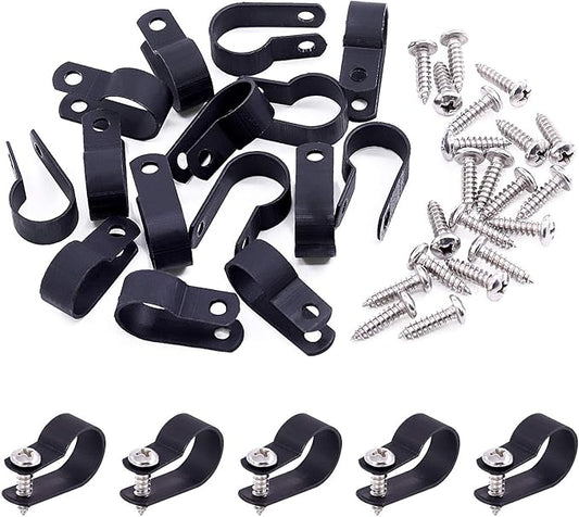 Swpeet 120 Pack Black 5/8 Inch Nylon Plastic R-Type Cable Clips Clamp Kit, Nylon Screw Mounting Cord Fastener Clips with 120 Pack Screws for Wire Management (5/8 Inch, Black)
