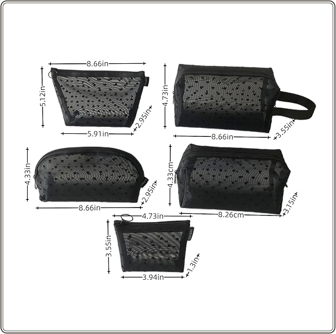 5 Pieces Heart Printed Mesh Makeup Bag Set, Portable Travel Mesh Cosmetic Bags Toiletry Bags Makeup Purse Bags with Zipper Storage Pouches for Home Offices Travel Accessories (Black)