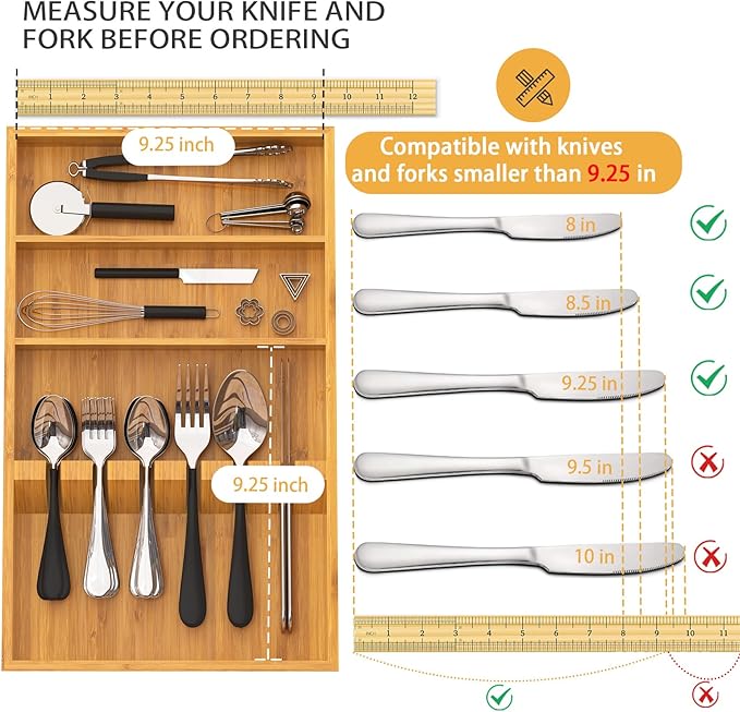 Yofidra Bamboo Silverware Organizer, 16.53 x 10.3 x 1.96 Inches Kitchen Utensil Drawer Organizer, Silverware Tray for Drawer with Fixed Slots for Spoons, Forks & Knives, Natural