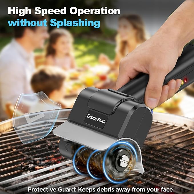 Electric Grill Brush with Dual Safety Lock - Ideal Gift for Men Dad Husband, Professional BBQ Cleaner with Submersible 304 SS Head, Splash-Proof Scrubber for Outdoor Grill (Blue Button)