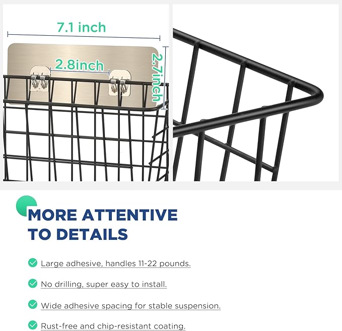 2 Pack Hanging Wall Basket Wire Storage Baskets, Adhesive Basket for Cabinet Door Organizer No Drilling, Hanging Fruit Baskets for Kitchen, Pantry Organization, Bathroom, Black