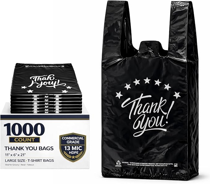 YoYoRain 1000 Count Black “Thank You” T-Shirt Bags – Reusable & Disposable Grocery & Supermarket Carry Bags, 11"x6"x21"