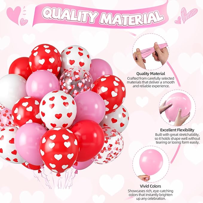 Pink Red Balloons, Red Pink Heart Printed Balloons, Heart Confetti Balloon For Valentine's Day Birthday Baby Shower Party Wedding Bachelorette Anniversary Celebration Bridal Shower Decorations