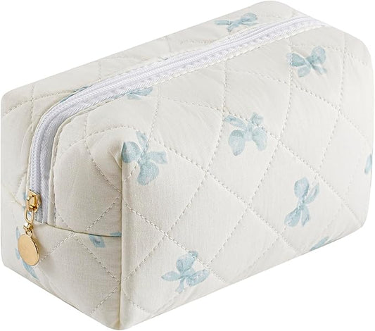 HHQQWZ Makeup Bag Travel Cosmetic Bag for Women Girls, Zipper Make Up Pouch, Floral Flowers Toiletry Organizer Makeup, Portable Storage Bag, Cosmetic Travel Cloth Bag (Blue Bow Tie)