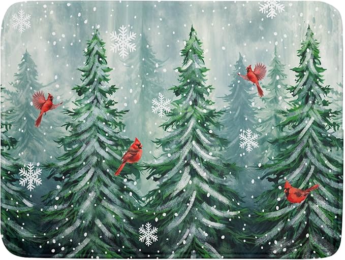 Welcome Winter Pines Tree Dish Drying Mat, Winter Snowflake Dish Drying Mat for Kitchen Counter, Red Birds Absorbent Fast Dry Dish Drainer Mat Protector Xmas Microfiber Dish Drying Pad 16"x18"