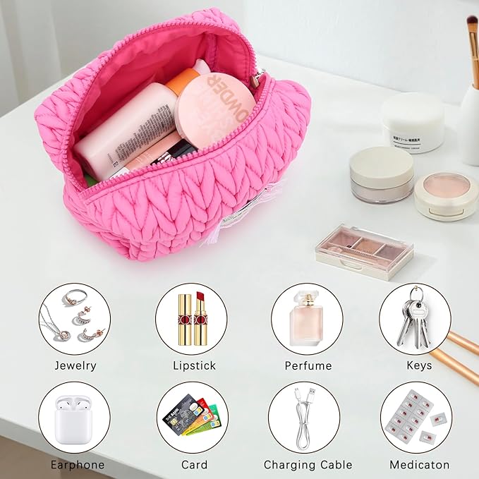 DOB SECHS Small Puffer Makeup Bag Quilted Cosmetic Bag Clutch with Wristlet, Cute Makeup Pouch for Purse, Cotton Woven Puffy Toiletry Bag for Women, Mini Travel Essentials Organized Pouches, Hot Pink