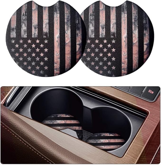 Moly Magnolia Car Coasters for Drinks Absorbent, 2 Pack Cute Car Coasters for Women, Car Cup Holder Coasters for Your Car with Fingertip Grip, Auto Accessories for Women & Lady (Flag)