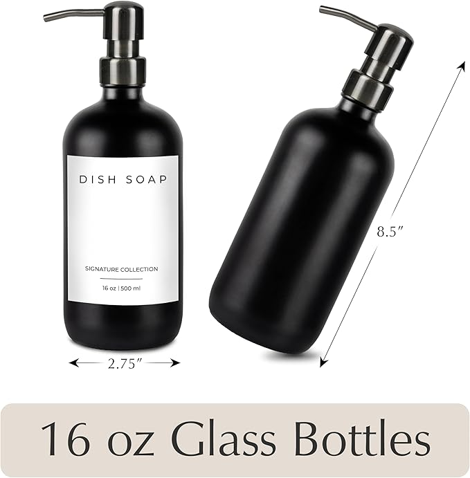 Emerson Essentials Glass Soap Bottle Dispensers, 2 Pack, Stainless-Steel Pumps Rust-Free, Hand Set for Bathroom Kitchen Sink, Liquid Lotion Shampoo Jars with 4 Waterproof Labels, 16 Oz Gunmetal