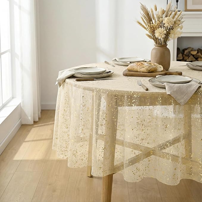 Horaldaily Beige Gold Gauze Tablecloth 60x60 Inch Round, Golden Sequin Glitter Metallic Foil, Sheer Tulle Cheesecloth for Wedding Baby Shower Ceremony Birthday