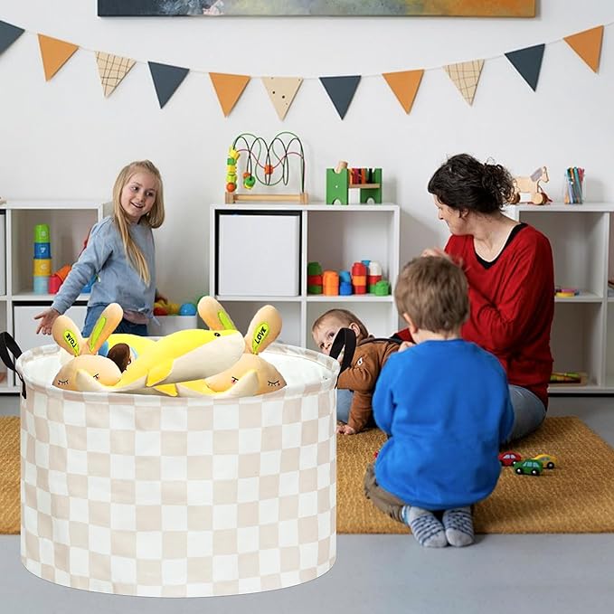 Checkered Storage Basket Extra Large 80L Kids Hamper Baby Laundry Basket Waterproof Toys Car Organizer Collapsible Canvas for Home/Dorm/Pet/Office/Closet/Shelf/Gift Baskets