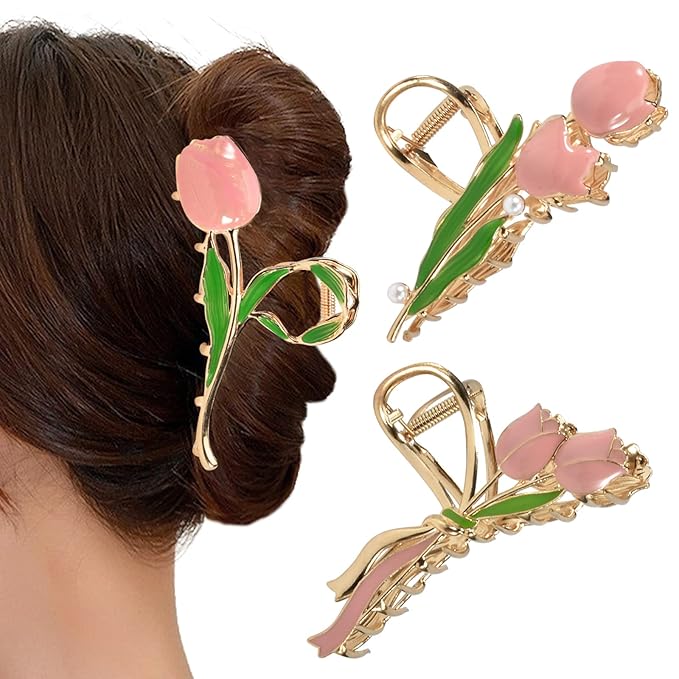 3-Piece Floral Metal Hair Clips, 3-Style Tulip Claw Clamps for Thin/Medium Thick Hair, Elegant Barrettes with Strong Hold and Non-Slip Cute Accessories