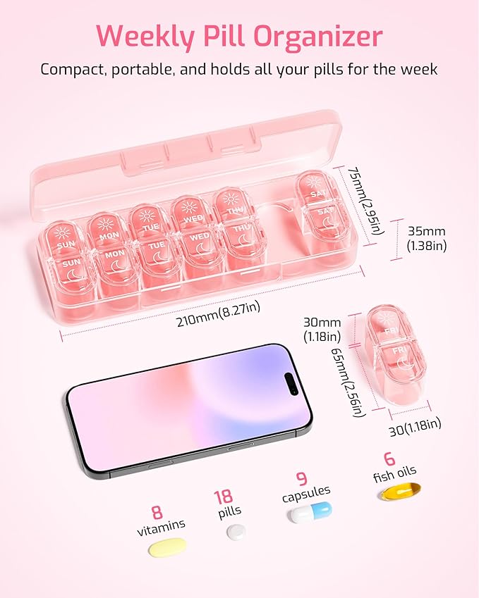 Daviky Weekly Pill Organizer 2 Times a Day, 7-Day AM PM Medicine Case, Travel-Friendly Pill Box for Fish Oils, Vitamins & Supplements