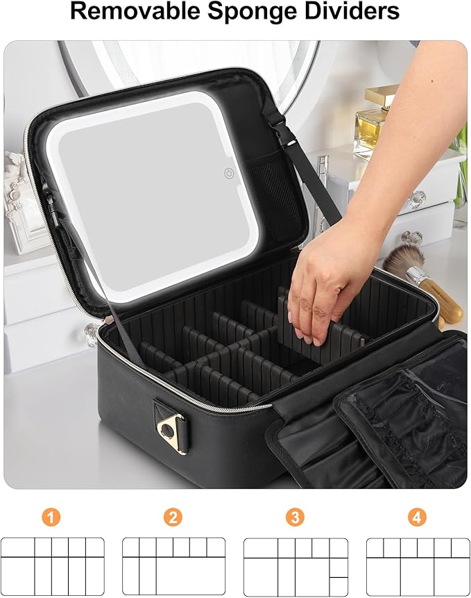 Relavel Makeup Train Case With LED Mirror, Professional Travel Cosmetic Bag with Removable Partitions, Compact Makeup Organizer, Waterproof Toiletry Case for Women, Black
