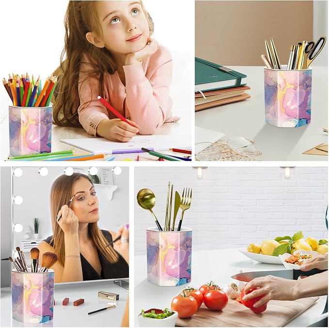 WAVEYU Pen Holder for Desk, Cute Ceramic Pencil Holder, Pen Cup Marker Holder Makeup Brush Holders, Desk Accessories & Workspace Organizers for Office, Home, Gold