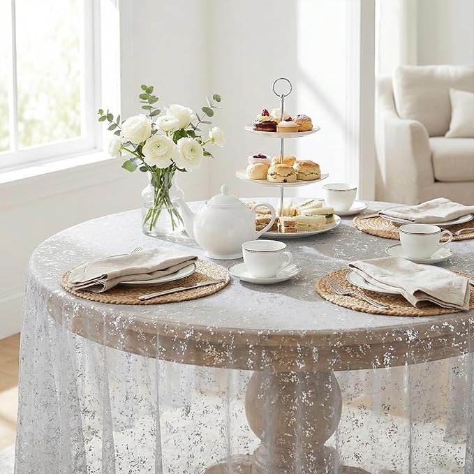 Horaldaily Grey Silver Tablecloth 60x60 Inch Round, Silver Glitter Metallic Foil, Sheer Tulle Cheesecloth for Wedding Baby Shower Ceremony Birthday