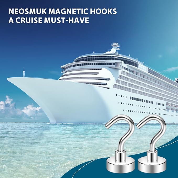 Neosmuk Magnetic Hooks, Heavy Duty 30lb+ Strong Magnet Hook for Cruise Cabins, Cruise Ship Essentials for Hanging, Metal Wall Refrigerator Hangers (Silver White, 15 Pack)