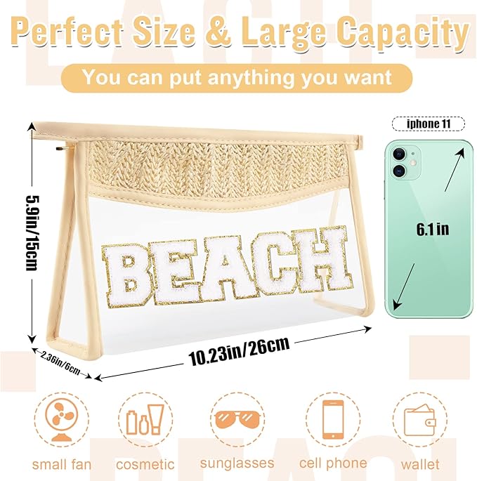2 Pcs Boho Straw Clear Makeup Letter Bag BEACH Pouch, Sunscreen Bags for Beach Travel Small Cute Chenille Letter SPF Bag Pouch,Waterproof Beach Toiletry Sun Bag Best Beach Accessories for Women(BEACH)