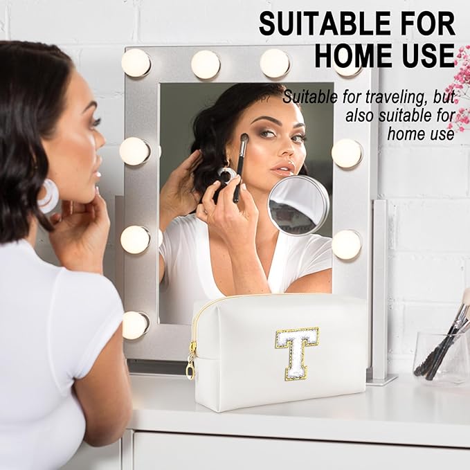 Gifts for Girls Initial Makeup Bag Personalized Cosmetic Bag with Zipper Cute Travel Toiletry Bags Waterproof PU Preppy Makeup Pouch Birthday Gift for Teen Girls Women(White T)