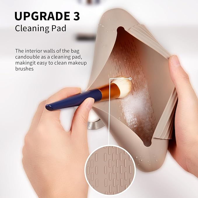 2 IN 1 Silicone Makeup Brush Holder with Beauty Make Up Sponge Holder Case：Soft Portable Cosmetic Face Brushes Holder with Upgrade Anti-Fall Out Magnetic Closure - Walnut