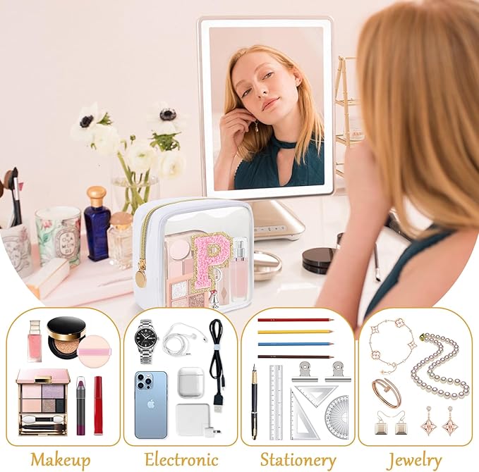 Personalized Initial Letter Clear Preppy Makeup Bag,Mini Nylon Chenille Letter Cosmetic Bag Cute Zipper Pouch Purse for Teen Girls,Portable TSA Approved Beach Travel Essentials Bag Gift for Women,P