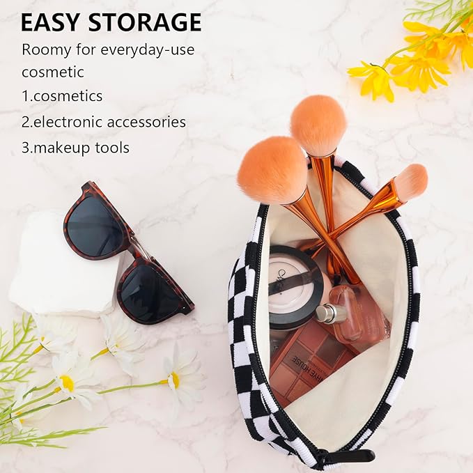 ZLFSRQ Checkered Makeup Bag for Women Large Capacity Black Travel Cosmetic Bag Set Makeup Pouch for Purse Zipper Toiletry Organizer Cute Y2K Aesthetic Trendy Adults Zipper Skincare Storage Organizer