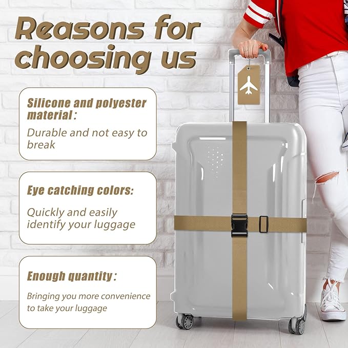 Weewooday 8 Pcs Luggage Straps Suitcase Tags Set for TSA Approved, 4 Travel Adjustable Suitcase Belt, 4 Silicone Luggage Tags with Name ID Card Travel Accessories(Khaki,Airplane)