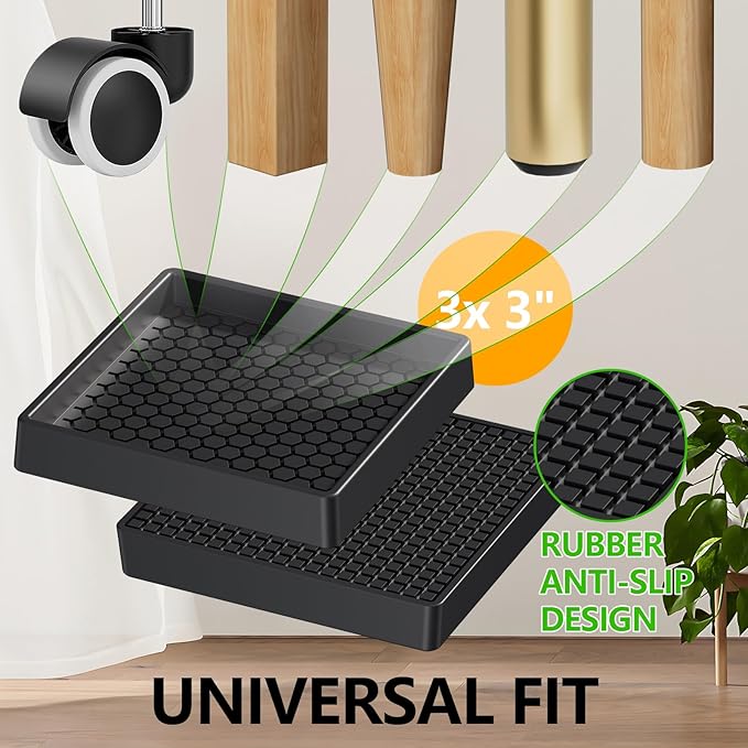 Non Slip Furniture Pads- 3"x3" Square Anti Skid Caster Cups Furniture Coasters, Anti-Sliding Grippers Floor Protectors for Furniture Bed, Couch, Chair Leg, Black(Set of 12)