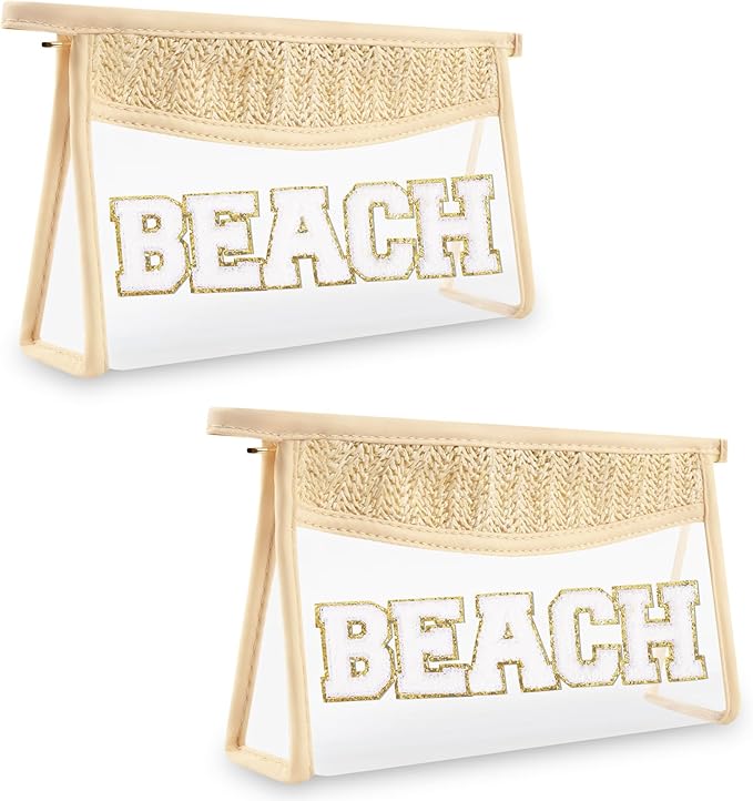 2 Pcs Boho Straw Clear Makeup Letter Bag BEACH Pouch, Sunscreen Bags for Beach Travel Small Cute Chenille Letter SPF Bag Pouch,Waterproof Beach Toiletry Sun Bag Best Beach Accessories for Women(BEACH)
