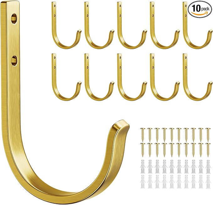 10 Pack Wall Hooks for Hanging Towel/Coat - 22LB Screw in Metal Hanger Wall Mount, for Outdoor, Closet, Door, Bathrooms, for Backpack, Robe, Brushed Gold