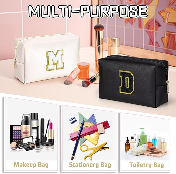TOPEAST Monogrammed Gift for Women Girls, Personalized Initial Makeup Bags Cosmetic Bag with Zipper, Cute Makeup Pouch, PU Leather Waterproof Toiletry Bag, Preppy Gifts Stuff for Girl (Black E)