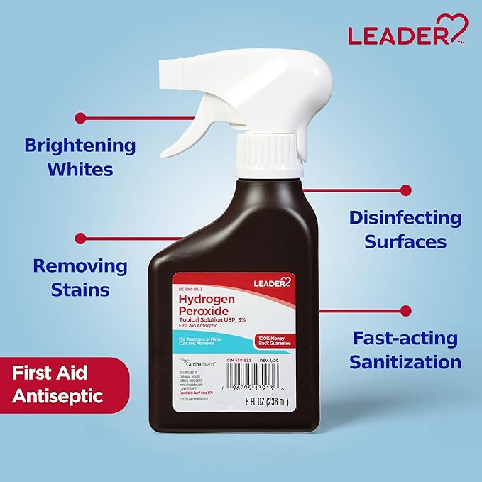 LEADER Hydrogen Peroxide Spray Bottle First Aid Antiseptic 3% Solution – Multi-Purpose Cleaner, Gentle & Effective Disinfectant Spray for Home, Cuts, and Scrapes, Easy-to-Use 8 oz Bottle