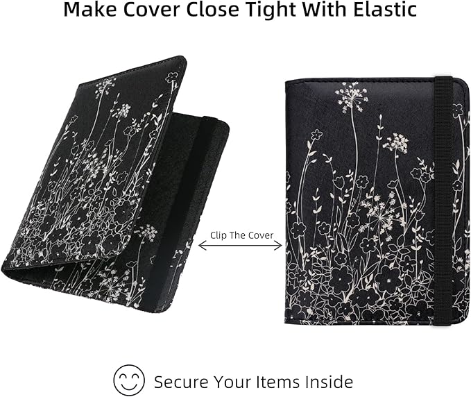 WALNEW Passport Holder for Travel, RFID Passport Cover Wallet for Women Men, PU Leather Passport Book Card Holder Case with Pen (Elastic Band Closure, D-Black Flowers)