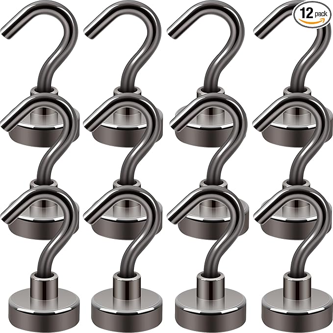Neosmuk Magnetic Hooks, Heavy Duty 30lb+ Strong Magnet Hook for Cruise Cabins, Cruise Ship Essentials for Hanging, Metal Wall Refrigerator Hangers (Gunmetal, 12 Pack)