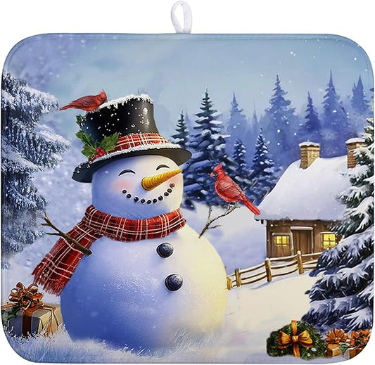 Winter Snowman Dish Drying Mat for Kitchen Counter 16x18 Snow Cardinals Pine Tree Christmas Drying Mats Microfiber Absorbent Dishes Pad Dish Drainer Rack Mats for Coffee Bar Sinks Kitchen Accessories