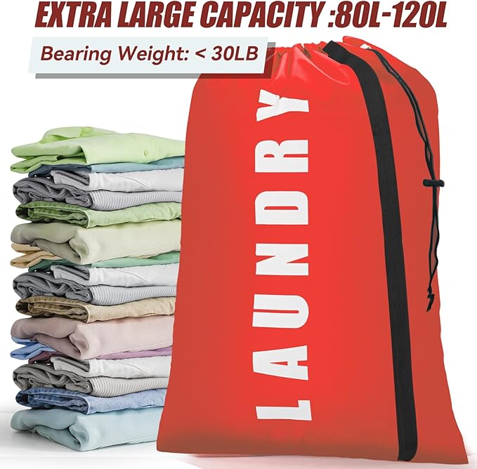 Isink Heavy Duty Laundry Bag with Strap, 2 Pack Travel Laundry Bags for Dirty Clothes, 24" x 36" Large Laundry Bag for Traveling, Camping, Dorm (Black + Red)